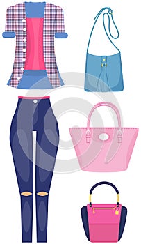 Set of trendy women s clothes. Outfit of woman jacket, blouse, skirt and accessories handbags