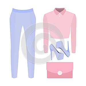 Set of trendy women's clothes. Outfit of woman panties, blouse a