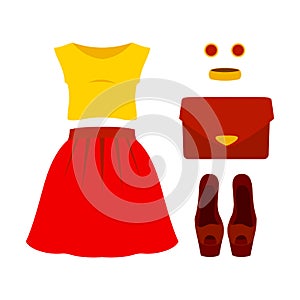 Set of trendy women's clothes with red skirt, yellow top and acc