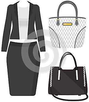 Set of trendy womens clothes. Outfit of woman jacket, blouse, skirt and accessories handbags