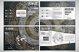 Set of tri-fold brochure design template on both sides with world globe element. Golden technology pattern, dark