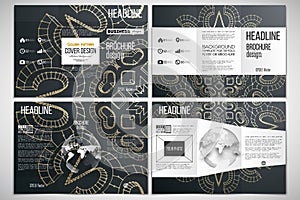 Set of tri-fold brochure design template on both sides with world globe element. Polygonal backdrop, golden connecting