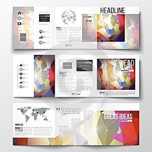 Set of tri-fold brochures, square design templates. Abstract colorful polygonal background, modern stylish triangle