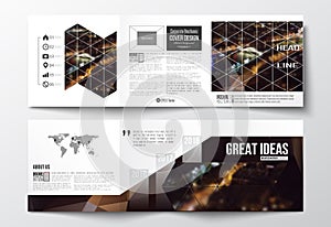 Set of tri-fold brochures, square design templates. Dark polygonal background, blurred image, night city landscape
