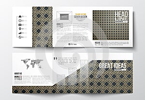 Set of tri-fold brochures, square design templates. Islamic gold pattern with overlapping geometric shapes forming