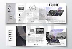 Set of tri-fold brochures, square design templates. Polygonal background, blurred image, urban landscape, modern stylish