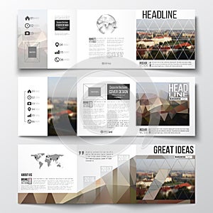 Set of tri-fold brochures, square design templates. Polygonal background, blurred image, urban landscape, Prague