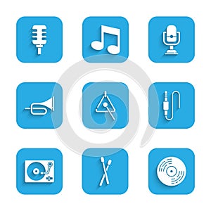 Set Triangle, Drum sticks, Vinyl disk, Audio jack, player with vinyl, Trumpet, Microphone and icon. Vector