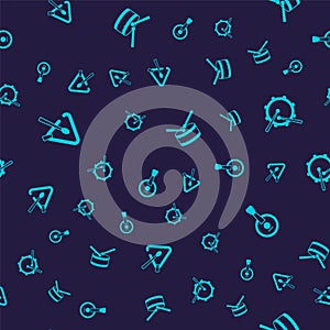 Set Triangle musical instrument, Drum with drum sticks, and Banjo on seamless pattern. Vector