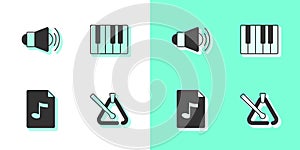 Set Triangle musical instrument, Megaphone, MP3 file document and Music synthesizer icon. Vector