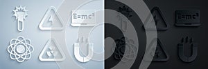 Set Triangle with radiation, Equation solution, Atom, Magnet, High voltage and Test tube and flask icon. Vector