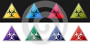 Set Triangle sign with Biohazard symbol icon isolated on black and white background. Vector