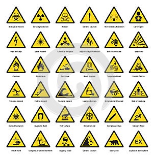 Set of triangle yellow warning sign hazard dander attention symbols chemical flammable security radiation caution icon