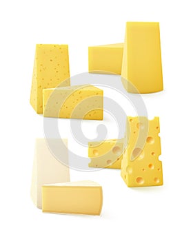 Set of Triangular Pieces Kind Cheese on Background