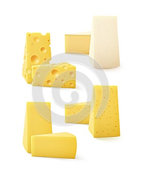 Set of Triangular Pieces Various Kind Cheese Swiss