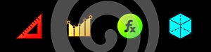 Set Triangular ruler, Graph, schedule, chart, diagram, Function mathematical symbol and Geometric figure Cube icon