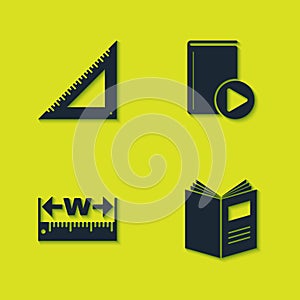 Set Triangular ruler, Open book, Measuring height and length and Audio icon. Vector