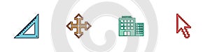 Set Triangular ruler, Pixel arrows in four directions, Hotel building and cursor icon. Vector