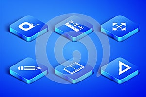 Set Triangular ruler, Roulette construction, Open book, Pencil, Measuring height and length and Pixel arrows four