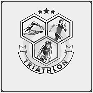 Set of triathlon emblem. Swimming, cycling and running.