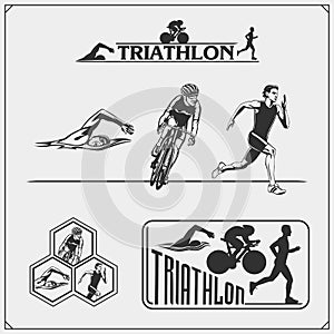 Set of triathlon labels, emblems badges and design elements. Swimming, cycling and running.