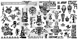 Set of tribal icons and musical notes. Ancient elements and symbols of the Maya.