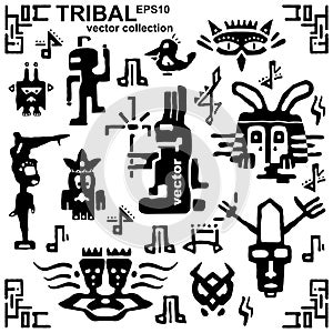 Set of tribal icons and musical notes. Black and white silhouette hand draws animals and fantastic creatures.