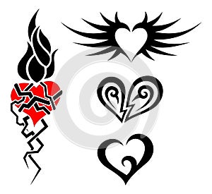 Set of tribal tattoos including hearts