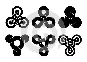 Set of triquetra knot signs made of three connected disks and rings. Vector tattoo flat design illustration