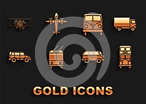 Set Trolleybus, Delivery cargo truck vehicle, Double decker, Retro minivan, Off road, Old retro vintage plane and icon