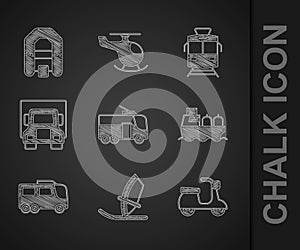 Set Trolleybus, Windsurfing, Scooter, Oil tanker ship, Bus, Delivery cargo truck, Tram and railway and Rafting boat icon