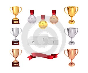 A set of trophies of the winner. Golden, silver and bronze cups, gold medal, red ribbon and pjadestal. Isolated on white backgroun