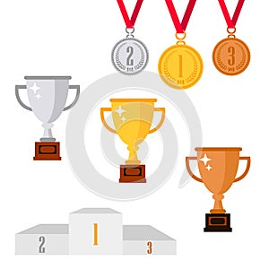 Set of trophy award icons isolated on white background. Golden, Silver and bronze cup, awards and medals