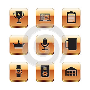 Set Trophy cup, Smart watch heart beat rate, Stereo speaker, Microphone, Crown and Clipboard with document icon. Vector