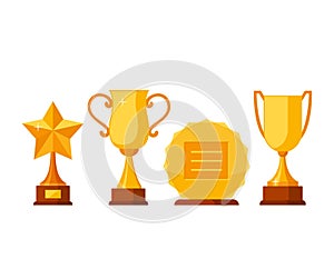 Set trophy winner award collection isolated on white background. Golden cups and awards in flat style. Prizes and