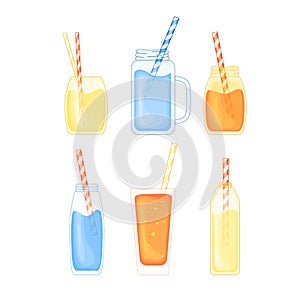 Set of tropical alcoholic and fruit cocktails in a cute cartoon style. beach party. Vector illustration isolated on white