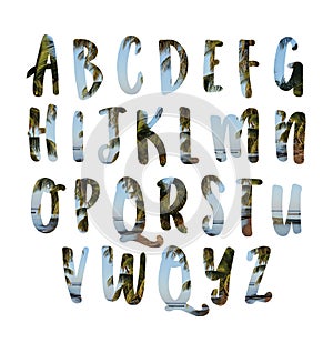 Set of tropical exotic alphabet letters ABC font