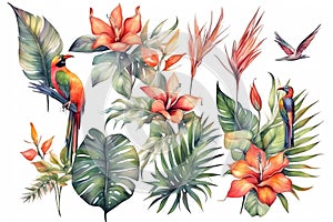 Set of tropical exotic bouquets with hibiscus flowers, butterfly tree flowers, bird in paradise and banana leaves, monstera and pa