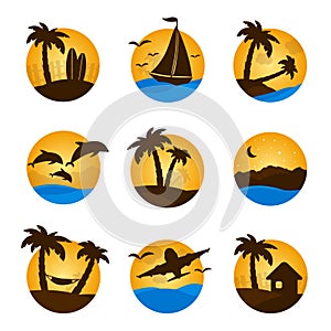 Set tropical flat circle tropical icon, palm, dolphine, sailboat