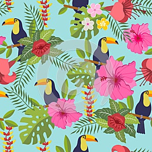 Set of tropical flowers of leaves and birds