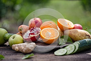 Set of tropical fruits colorful and fresh summer , healthy foods Many ripe fruit mixed on green natural  background