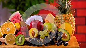 Set of tropical fruits colorful and fresh summer juice glass healthy foods Many ripe fruit mixed on nature background