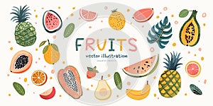 Set of tropical fruits and leaves drawn in gouache. Collection of isolated illustrations for your design.