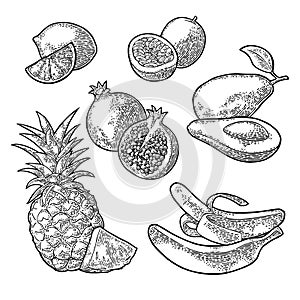 Set tropical fruits. Pineapple, lime, banana, pomegranate, maracuya, avocado.