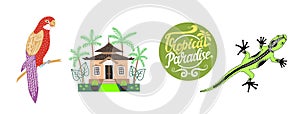 set of tropical island bali elements - parrot, traditional house and lizard