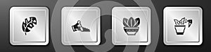 Set Tropical leaves, Broken pot, Plant in and Spraying plant icon. Silver square button. Vector