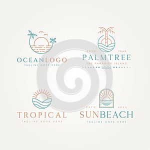 Set of tropical ocean sun beach simple line art logo template vector illustration design. simple modern holiday, vacation, resort