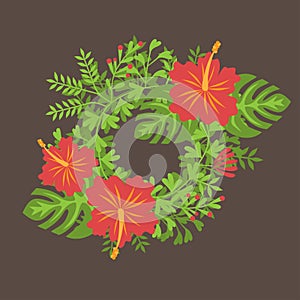 Set of tropical palm leaves and flowers hibiscus flower hawaii, exotic summer flower background