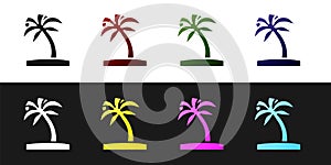 Set Tropical palm tree icon isolated on black and white background. Coconut palm tree. Vector