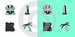 Set Tropical palm tree, Sphinx, Map of Egypt and Obelisk Alexandria icon. Vector